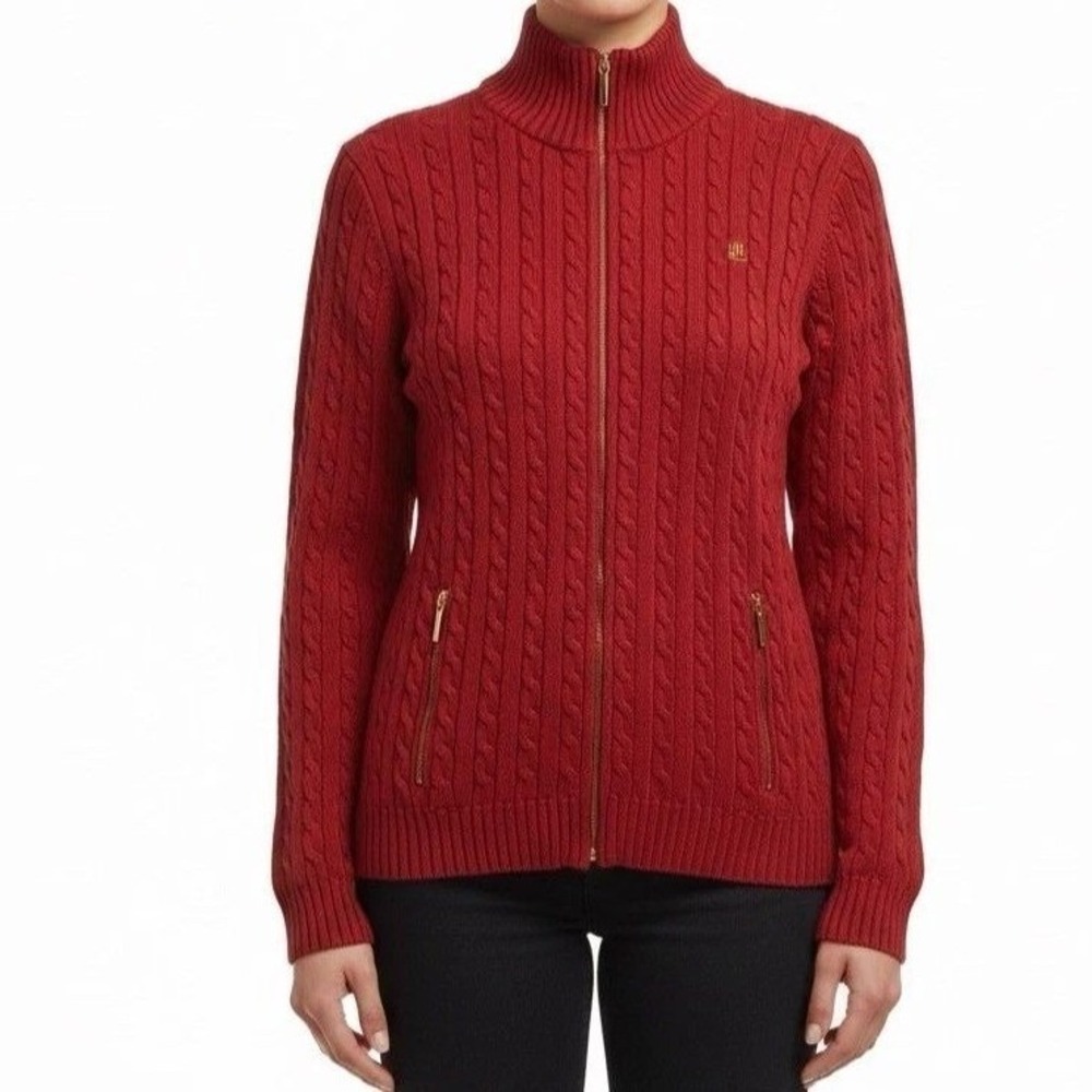 Lauren Ralph Lauren Cable Knit Full Zip Cardigan Sweater Womens 1X Red Preppy
